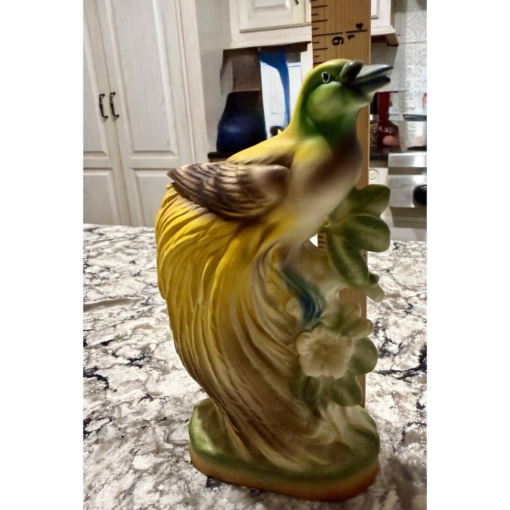 Vintage Wales Ceramic Bird 8.5" Hand Painted Japan Gold Green Floral MCM